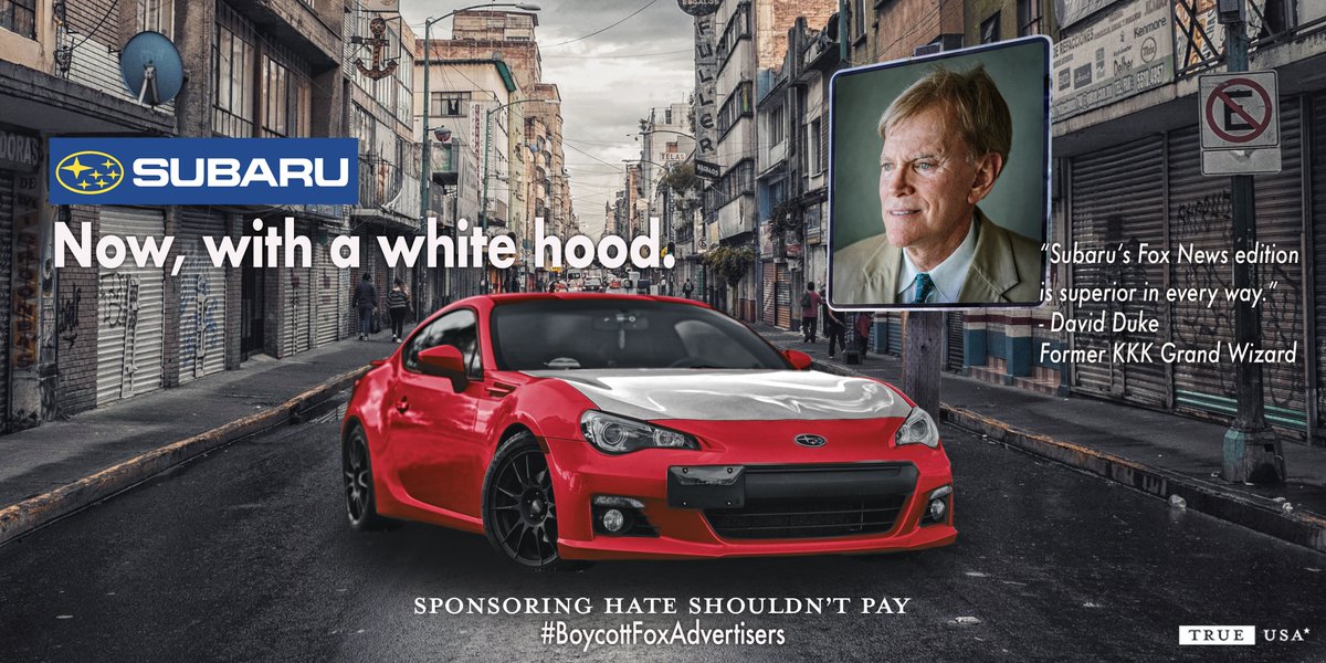 TrueUSAorg's tweet photo. How can 40% of voters still support Trump? Fox News pumps them full of bigotry, fear, and lies. And
@subaru_usa
makes it possible as a TOP Fox sponsor.
Why does Subaru fund former KKK Grand Wizard David Duke's favorite network? Ask!
Fox Corp: shaaz@subaru.com
#FoxFreeFriday https://t.co/uSMRO3vG0b