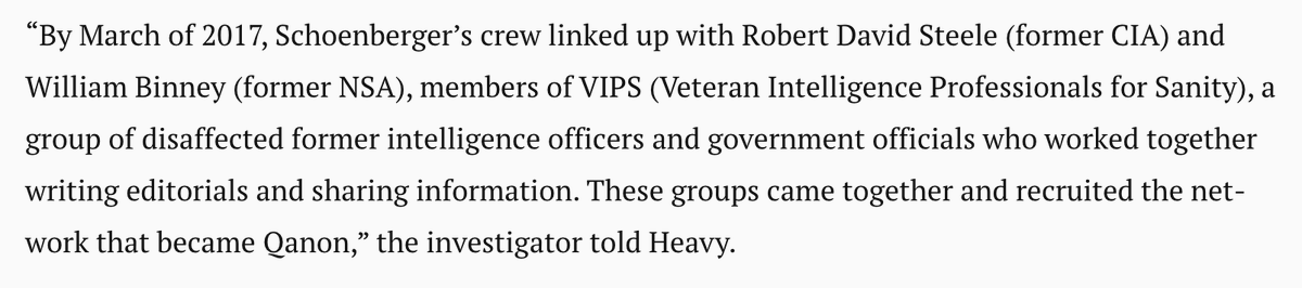 Bill Binney who  http://Heavy.com  reported today as one of the individuals who worked with Schoenberger and others to recruit people into  #Qanon is also on  @couragefound's advisory board.