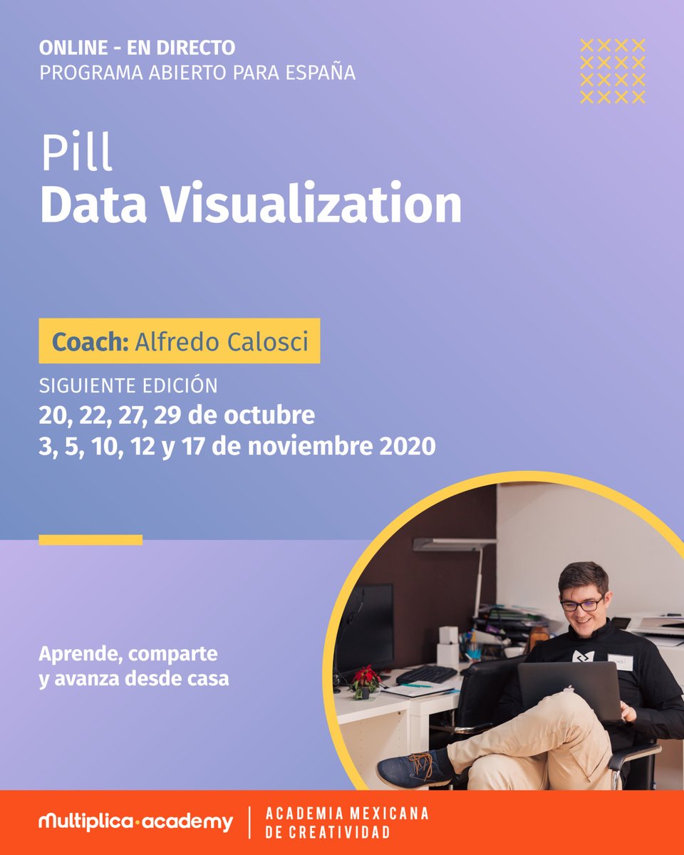 MultipliTalent's tweet photo. Estamos a pocos días de iniciar y se agotan los lugares, ¡aprovecha el descuento de 30%! Pill de #DataVisualization con Alfredo Calosci 🚩 Todos los detalles en https://t.co/dERfcgPEwB 📨 Para hacer válido tu descuento para inscribirte, escribe a marcelaperillo@multiplica.com https://t.co/Vq7nqJf32y