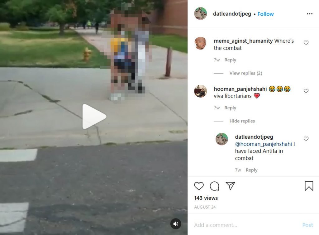 In a post dated August 24, Bryan Reza shares of video of himself harassing people at a Black Lives Matter event: