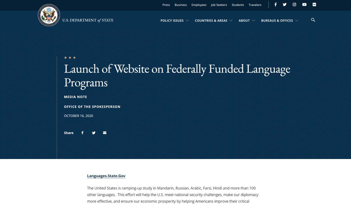 ECA_AS's tweet image. The U.S. government is ramping up critical language study of Mandarin, Russian, Farsi, and more. Join this national effort and benefit your career at the same time. Find a funded program at languages.state.gov. #NewLanguageChallenge

Learn more ➡️ bit.ly/37cO3RH