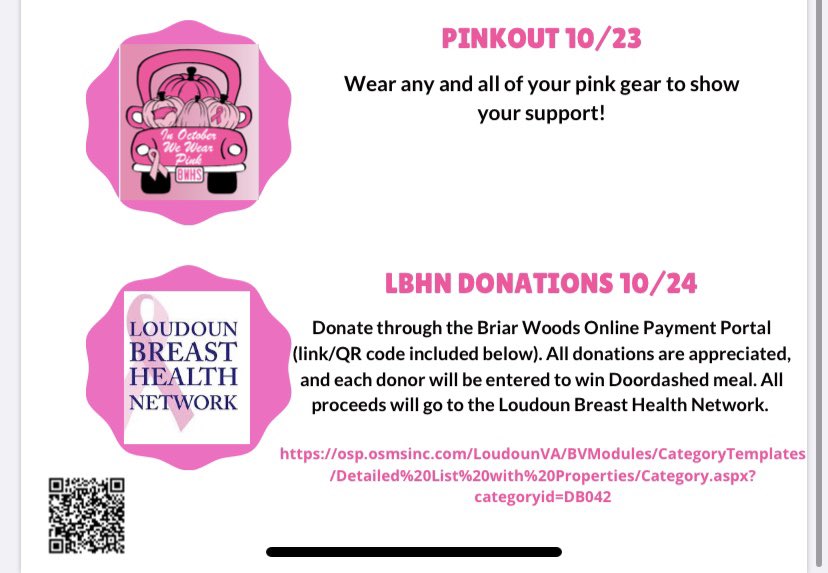 bwhsdeca's tweet photo. Happy Friday Briar Woods 😊 We are so excited to announce our Pink Week Activities! Make sure to participate to support LBHN and to win some door-dashed meals. Our first event, The Ribbon Race, will kick off Monday, October 19th! https://t.co/NamezB2uHI