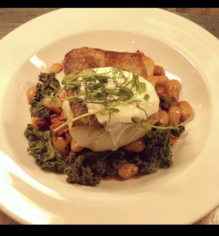 Come and try our delicious new delicious new dish!! Baked cod, chorizo, butter beans, kale and a lime crème fraiche 🍴 #broadstairs #thanet #kent #margate #food #gastropub #fish #cod