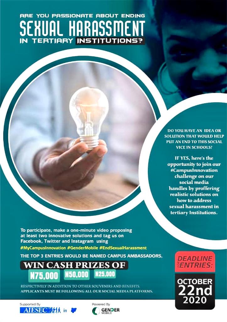 How about a problem to solve & getting rewardes for your ideas? @Gendermobile_NG is challenging people in tertiary institutions for a video contest on ending sexual harassment in tertiary institutions. Check flier & contact them for more details
#GenderMobile #MycampusInnovation