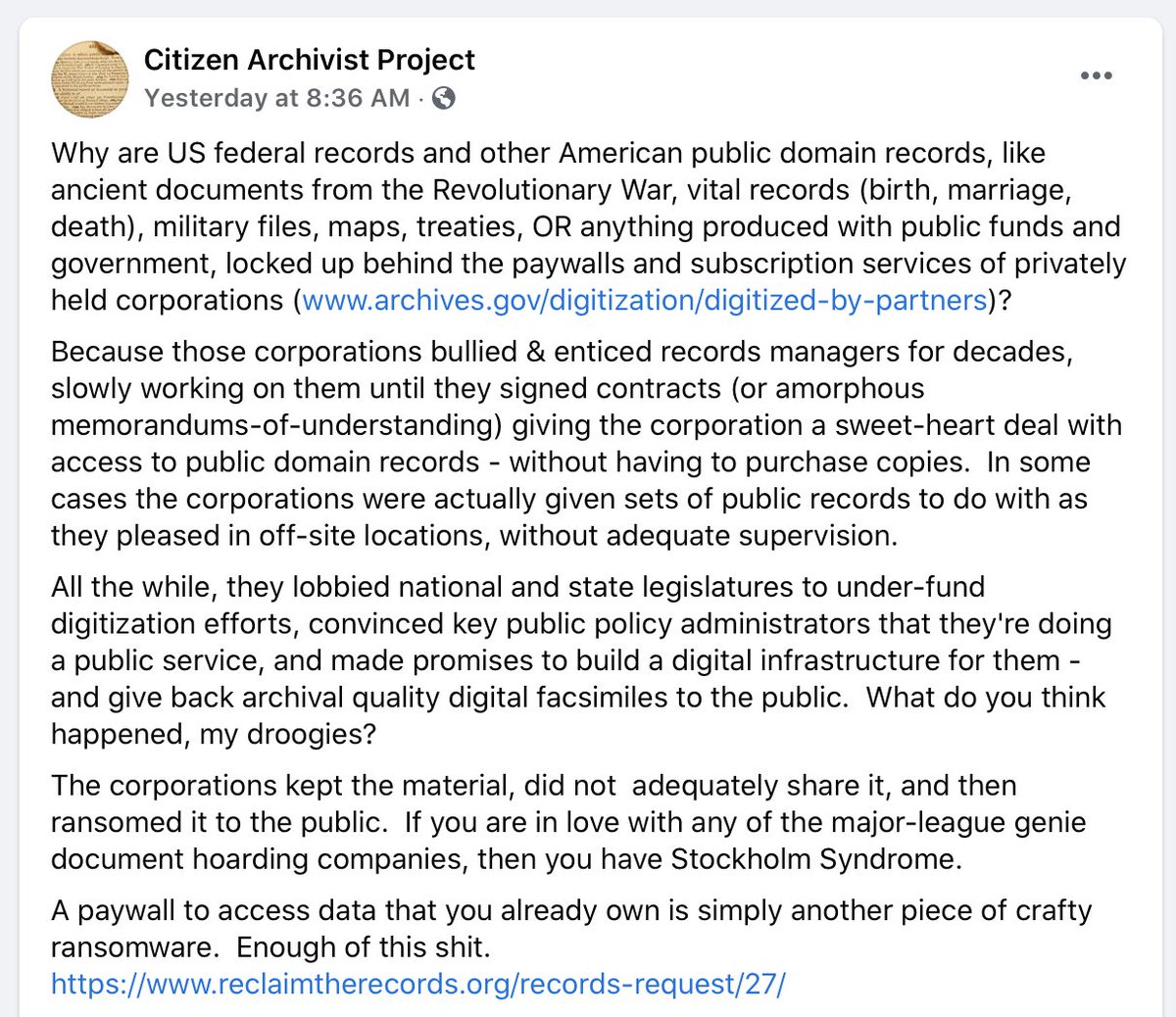 This is from our RTR board member <a href="/jondeiss/">DeissRoll</a>, one of the few people ever named a 'Citizen Archivist' at <a href="/USNatArchives/">U.S. National Archives</a>, in recognition of "...exceptional service promoting public awareness of NARA records".

He has some thoughts about our FOIA against NARA.

He doesn't hold back.