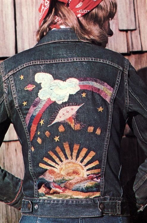 P’s customised denim is reflective of the overall ‘hippie’ vibe of  #SOTT. DIY was popular during 1970s within counterculture to express self - a protest through fashion. In subverting the traditional denim jacket it displaces the jacket are decorative as well as functional.