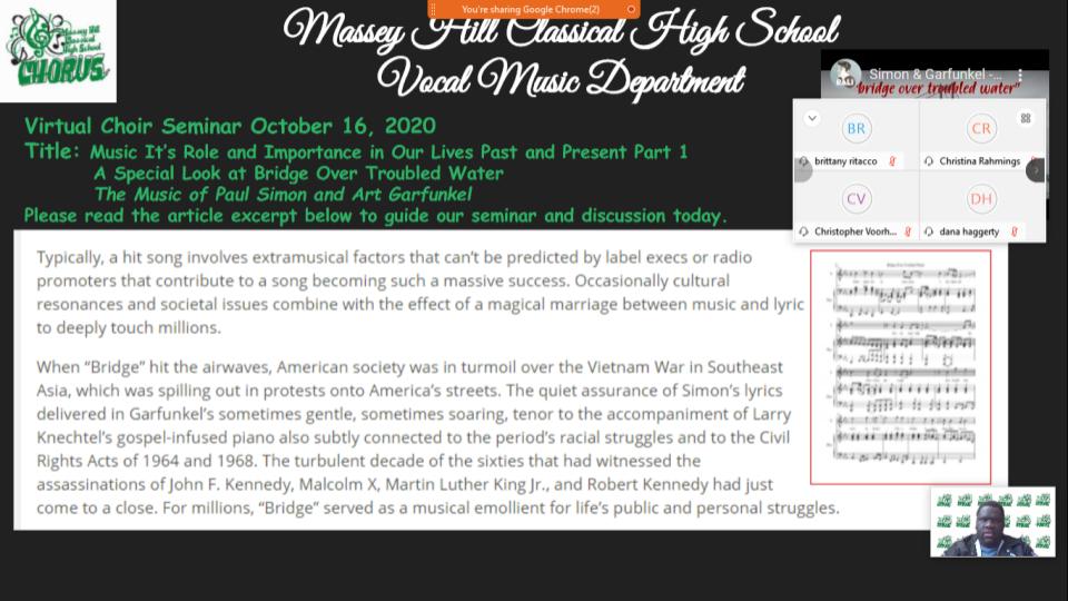 MHCHSChorus's tweet photo. Students are making connections to real life events using our choral piece "Bridge Over Troubled Water." Awesome job with today's Socratic Seminar discussing the song's impact past and present on our world during trying times. @masseyhillclass #VocalMusicVirtualLearning https://t.co/GswBSOZIqj