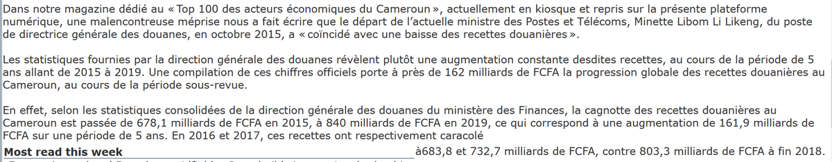 Et le satisfécit général à la Douane a été dressé à grand renfort de publicité, quand le bilan des 5 dernières années a été publié, en saluant la progression de 162 Milliards de CFA des recettes entre 2015 et 2019. http://www.camerounlink.com/mobileen/?SessionID=T2JK1VAW2IEWD1EXJIO3AQVSLK5BDZ&cl1=1&cl2=19&bnid=2&nid=124866&cat=0&kat=2