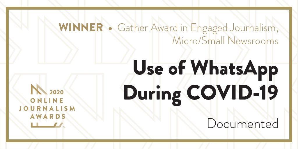  #OJA20 WINNER: Gather Award in Engaged Journalism, Micro/Small Newsrooms:  @documentedny for Use of WhatsApp During COVID-19 Pandemic.  https://bit.ly/346DUEt 