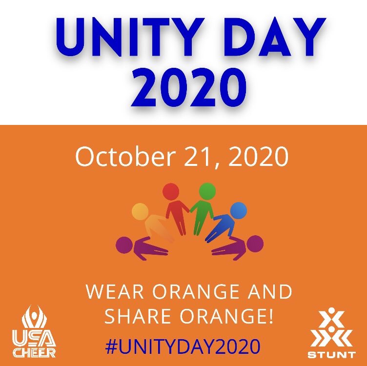 usacheer's tweet image. Join us next Wednesday for our #UnityDay2020 for #BullyingPreventionMonth  Wear and Share Orange and participate in our cheer check-in campaign that day by sharing positive messages with teammates, friends, family,neighbors and more!!!
