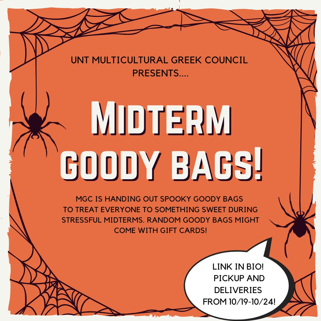 Stressed about midterms? Brighten up your week with some spooky goody bags from MGC! Fill out the form in our bio to receive these goodies via pickup or delivery! (Some even have gift cards in them 👀) ✨✨
