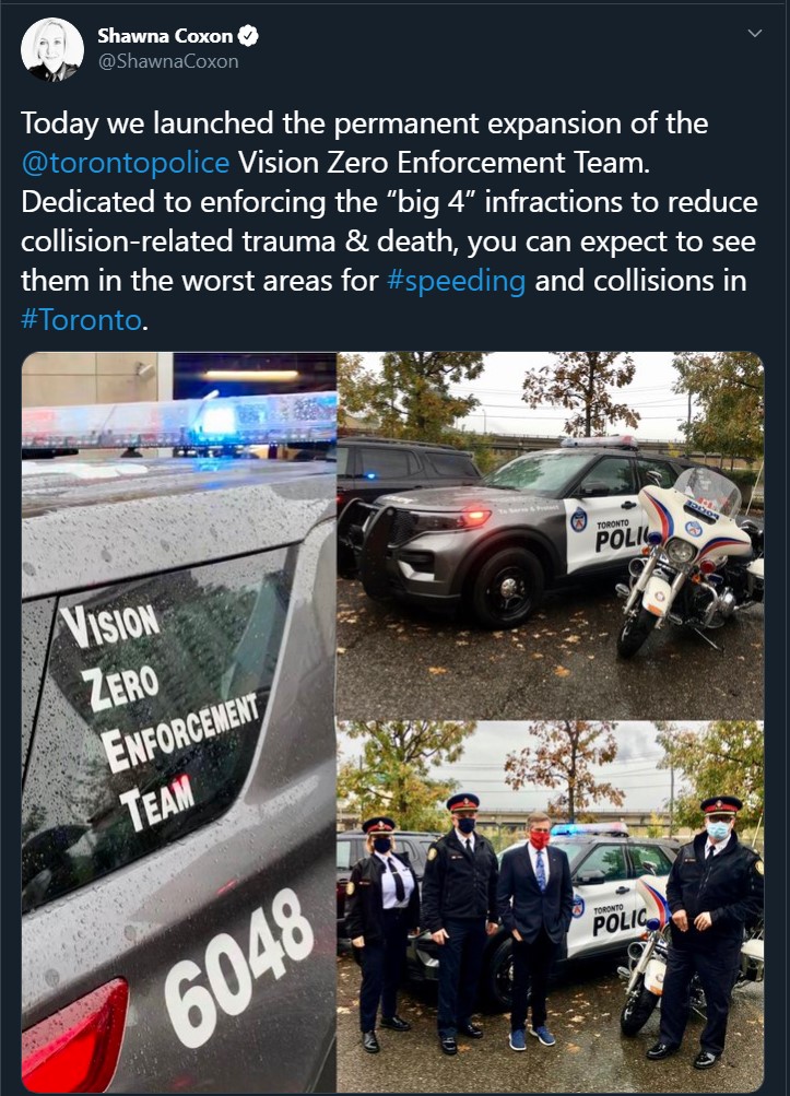 VisionZeroCA's tweet image. Kudos @TorontoPolice for focussing on driver behaviours 
(speeding, distracted driving, aggressive driving, impaired driving) that are a major cause of harm on #deadlyTOstreets.

Failsafe #BuildtheVisionTO design matters too, but that's @CityPlanTO 's dept.😉#Toronto #visionzero