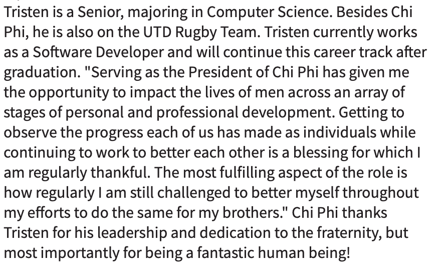 Happy Chi Phi-Day Everyone!
On today’s Meet the 2020 Executive Council series, we have our Alpha/President, Tristen Even!
#ExecutiveCouncil
#ChiPhi
