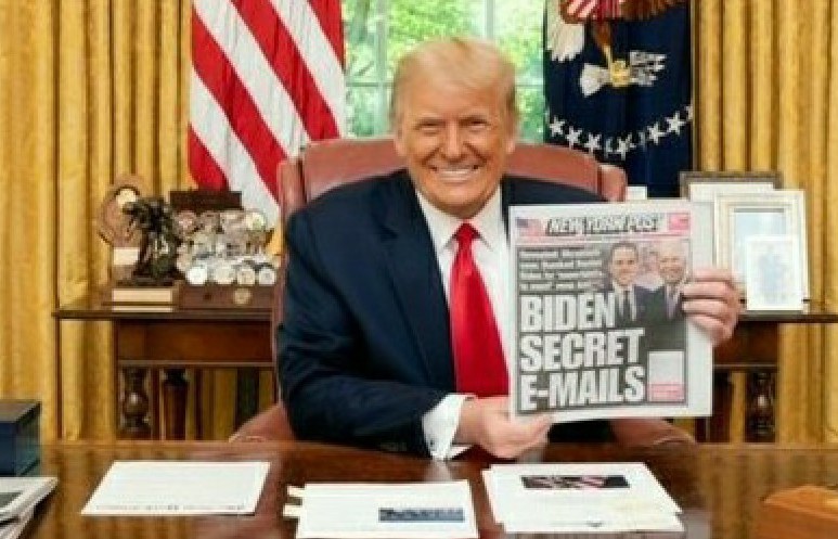 A photo is circulating online of Trump holding up the New York Post with Hunter Biden on the cover. A White House spokesman told CNN the photo is real. The alleged emails underpinning the NY Post stories may be part of a Russian disinformation campaign. cnn.com/2020/10/16/pol…