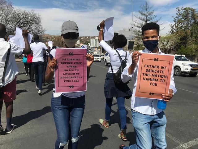 TheNamibian's tweet photo. At least 50 students walked through the Windhoek CBD on Friday, praying and chanting about the need to keep the nation in their prayers and turn away from wickedness such as gender-based violence and rape, which have become rampant in the country. Photos: Lazarus Amukeshe https://t.co/QOLyuzb1ON