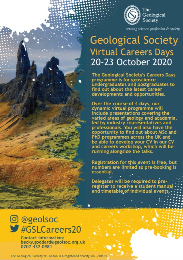 GeolSoc's tweet photo. Geology students! π this is the final chance to register for our virtual careers days!
ποΈ 20 to 23 October
π§βπ» Interesting sessions spanning the breadth of geoscience
β
Specialist workshops
Find out more & register here: https://t.co/179orn8yuj
#GSLCareers20 #AcademicChatter https://t.co/w2CdD7HS47