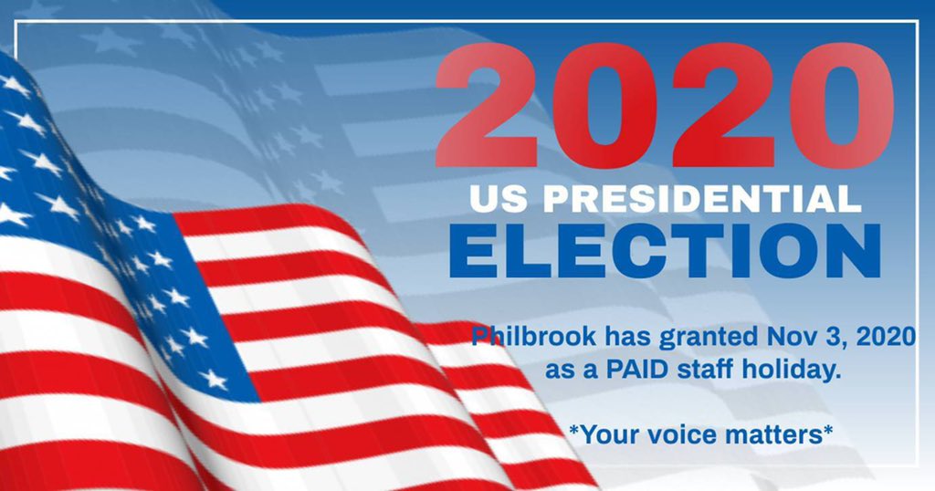 Philbrook's tweet photo. For the first time ever, #ElectionDay will be a PAID holiday for all @Philbrook staff. We want to make sure our folks have the time to make a #voting plan, take part in #civicduty, and feel supported. @AAMers @MuseumDirectors @futureofmuseums 🇺🇸 🗳 https://t.co/LohAy0K90f