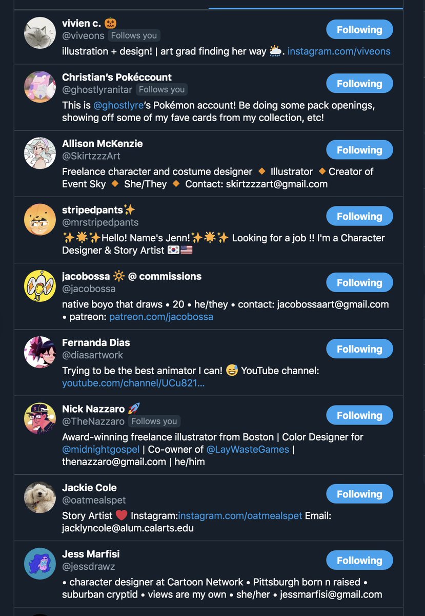 Lets talk about the bio section on twitter. If I am browsing the long list of artists I follow for a specific job it helps if I can see in your bio what jobs you do! Having your job titles in the bio makes it easy to spot & ensures that I click on ppl who do what I need!