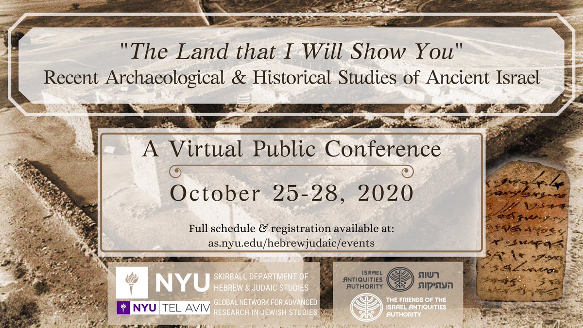 A reminder about our upcoming #Archaeology of #AncientIsrael conference on Oct 25-28! Don't miss out on this free event from <a href="/nyuhebrewjudaic/">NYU Hebrew & Judaic</a> <a href="/NYUTelAviv/">NYU Tel Aviv</a> <a href="/IsraelAntiquity/">Israel Antiquities</a> <a href="/FriendsofIAA/">Friends of the Israel Antiquities Authority</a> ! 
Register here: as.nyu.edu/hebrewjudaic/e…