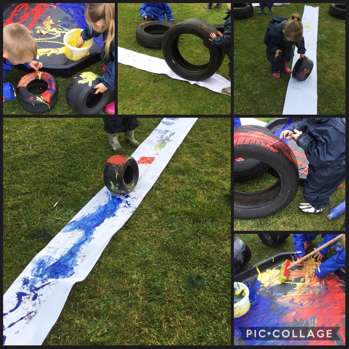 We have been strengthening our gross motor skills today, working together to manoeuvre and balance the painted tyres, before taking turns to roll them across the paper and grass .. high levels of fascination and engagement for a friYAY 🤍