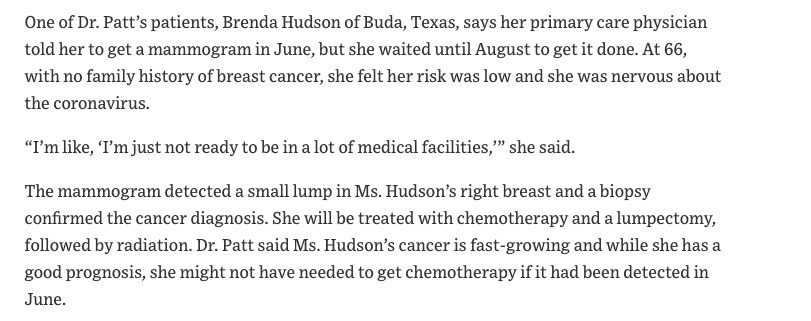 "Brenda Hudson of Buda, Texas, says her primary care physician told her to get a mammogram in June, but she waited until August to get it done. At 66, with no family history of breast cancer, she felt her risk was low and she was nervous about the coronavirus."