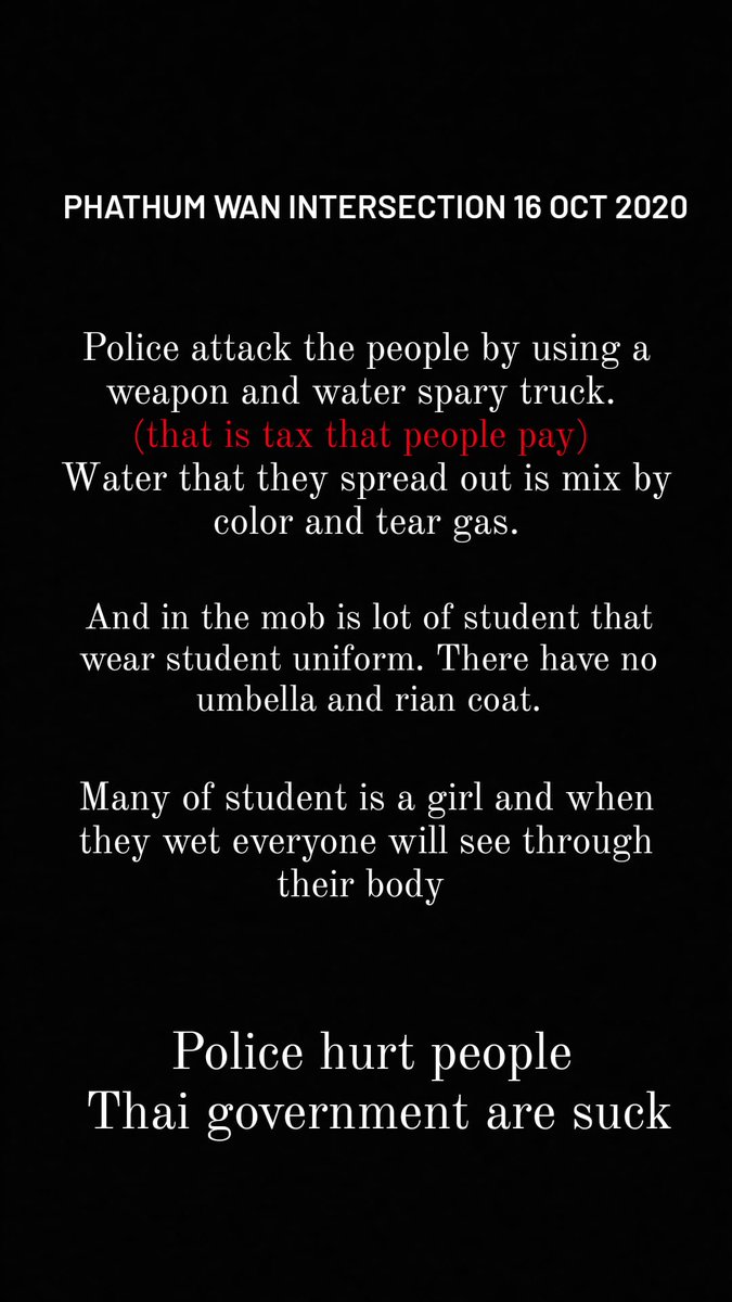 mypinkkypinkky's tweet photo. Pls Rt ❗❗
Thai government use violence with people. Police's duty is to protect not to attack. Now polices are going to 
"rubber bullet". We doesn't do anything wrong we only do for our future. Don't shoot the people. 
#16ตุลาไปแยกปทุมวัน #whatishappeninginthailand https://t.co/VswzmTrneU