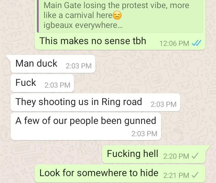 The_BeatOven's tweet photo. Guysss

They're shooting people at ring road

They need help

Some of them have been gunned down

#EndSARS #EndSWATNow #EndPoliceBrutality https://t.co/jjnGie49t3