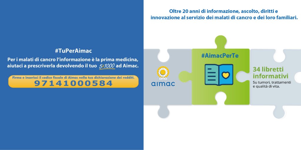aimac_it's tweet photo. #AimacPerTe Una collana di 34 #libretti realizzati insieme a università e IRCCS su: tipi di #cancro, #trattamenti, #diritti e #informazioni per convivere con la malattia nel modo migliore.
#TuPerAimac Dona il tuo #5x1000 per aiutarci a fare sempre di più per i malati di cancro! https://t.co/uey3bICVSQ