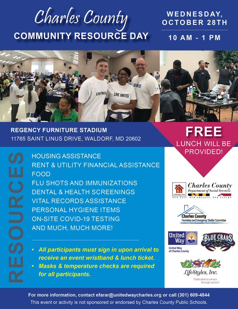 UWCharlesCounty's tweet photo. Community Resource Day will be Oct. 28, from 10 to 1, at Regency Furniture Stadium. Free resources and services such as housing assistance, utility assistance, food, medical screenings &amp; tests (COVID, HIV, pregnancy), birth certificate printing, and more. Free lunch provided. https://t.co/7dkVGGi8ZZ