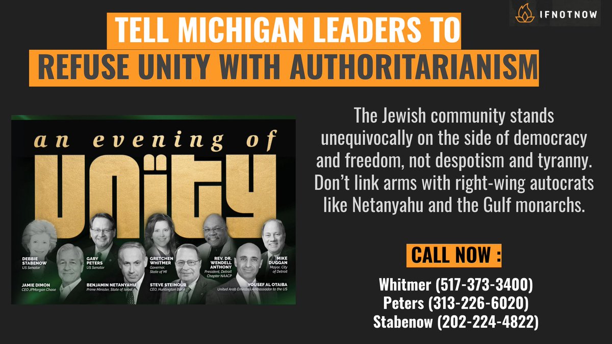 IfNotNowOrg's tweet photo. This is so gross. Why just before an election in which the US is choosing between democracy and fascism would anti-Trump leaders unify with authoritarians in the Middle East?
@GovWhitmer @SenGaryPeters @SenStabenow, American Jews need you to refuse unity with authoritarianism https://t.co/9BG09ZwjdS