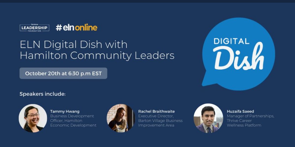 How can #HamONT continue to be "ambitious" while tackling the key issues that have been highlighted during the pandemic? How do we come out stronger? Join <a href="/alyssaglai/">Alyssa Lai, APR (she/her)</a> &amp; I Oct 20 as we moderate a #DigitalDish panel to discuss these Q's.
Sign up: lnkd.in/g7item9 
<a href="/elnonline/">Emerging Leaders Network</a>