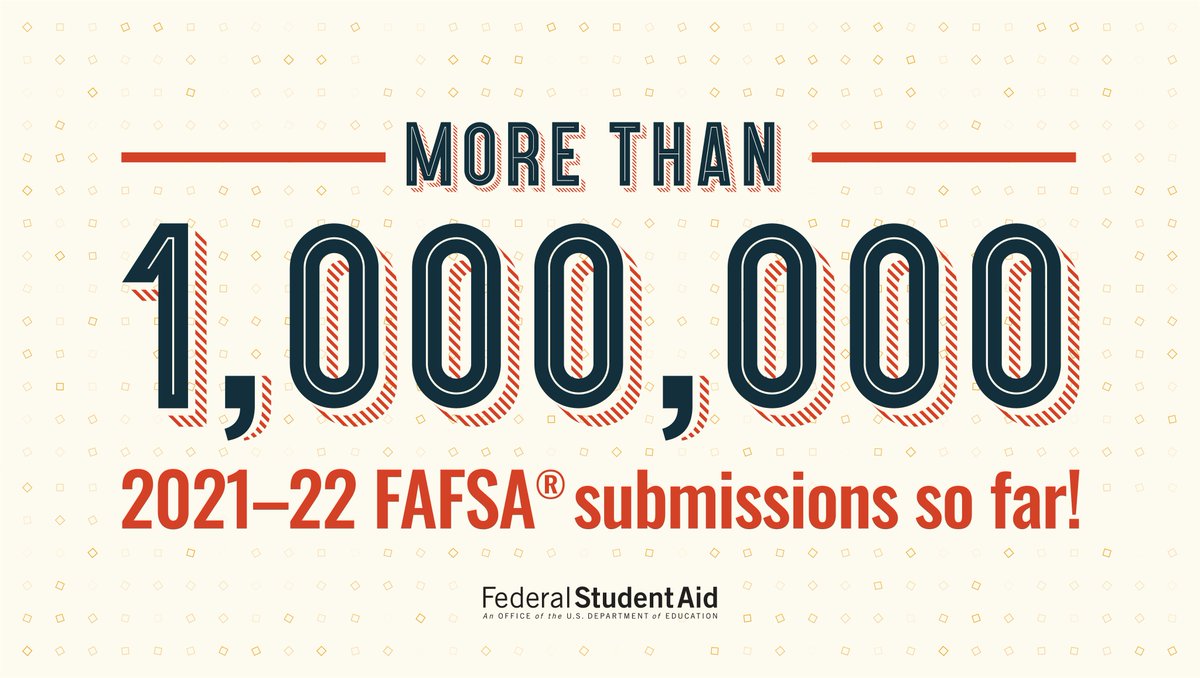 FAFSA's tweet image. Don’t wait another minute ⏰ A million students have already completed their 2021–22 FAFSA® form. Have you? Get started at fafsa.gov