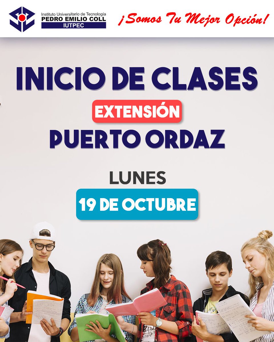 SomosIUTPEC's tweet photo. #ATENCION Información importante para toda nuestra comunidad #IUPECISTA Extensión Puerto Ordaz.|
El próximo lunes 19/octubre inician las clases #Online Período Académico 2020B
EN #Maracaibo y #PuertoOrdaz #SomosIUTPEC #TuMejorOpcion
#EducacionSuperior #TSU https://t.co/DJnBfDvkR3