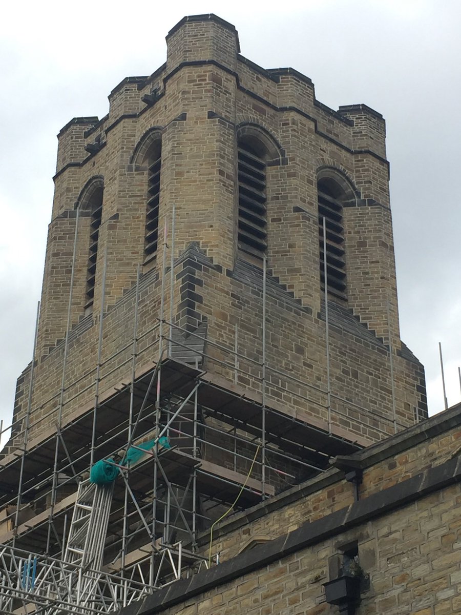 Today the scaffold is being dismantled to reveal the new restored tower at St Paul’s Church, Halifax. We carried out works including lime repointing, re-roofing, stone indent repairs, joinery and concrete repairs whilst working with architects <a href="/one17design/">ONE17 Architects & Interior Designers</a>.