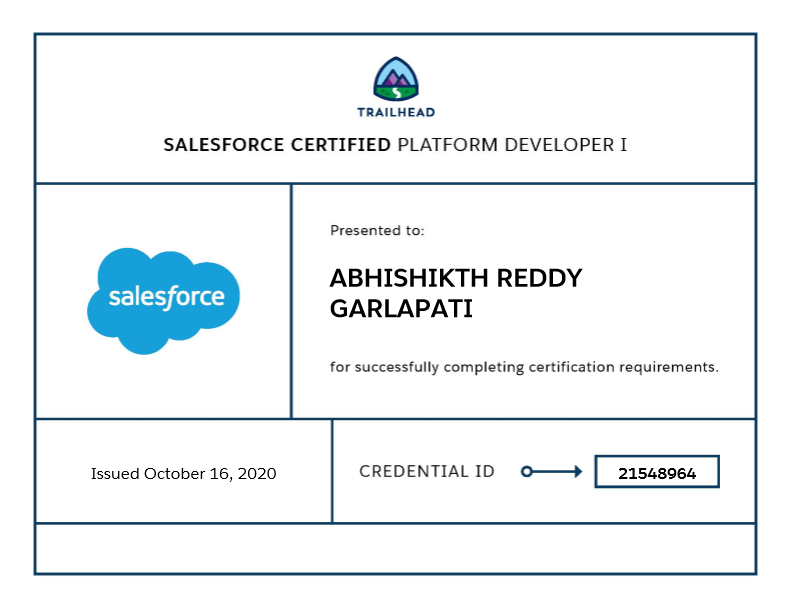 abhishikth1999's tweet image. Awesome kick start to this weekend🥳. Achieved Salesforce Platform Developer 1 Certification and completed one more step towards the excellence in Salesforce🤩🎁🎊🎉.
@partnerforce @dazeworks @SalesforceDevs @bitrapati @Sesha__ @Divya__52 #Salesforce #CertifiedPro @ApexHours