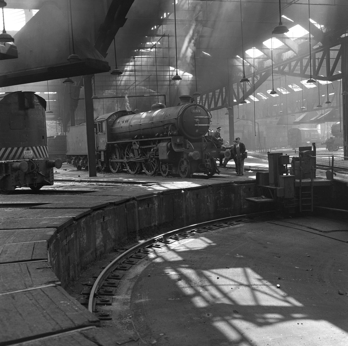 Black and white photo of York Engine Shed in the 1950s, the site Great Hall was later built on
