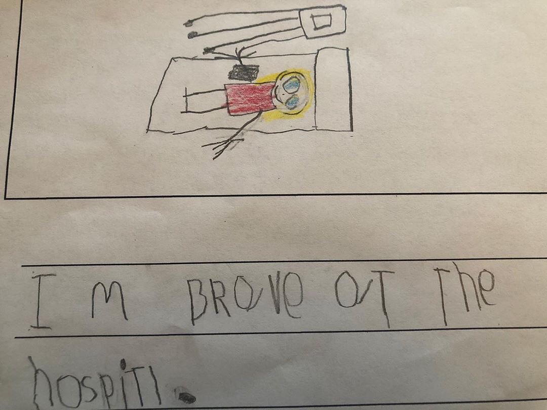 curejm's tweet image. "When asked to draw &amp;amp; write about being brave, Viv was quick to create this... she said, I’m brave at the hospital right mom?” YES.YOU.ARE! #littlewarrior #bravegirl #herstory💙"