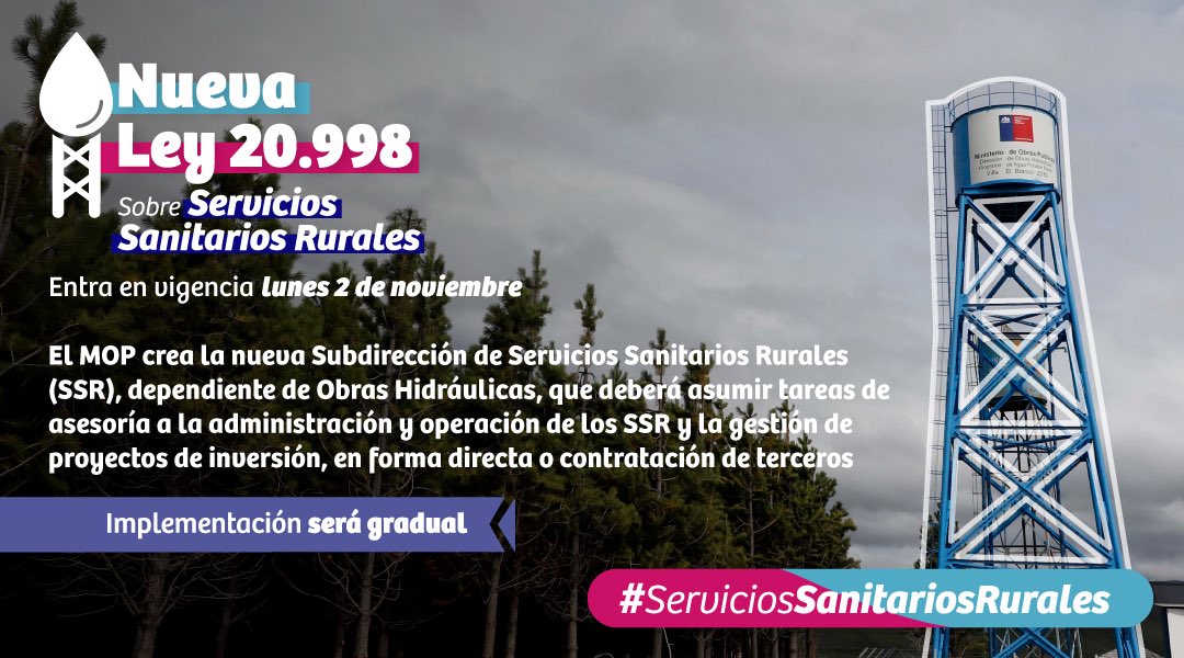 InfanteUreta's tweet photo. Gracias a la nueva Ley que entrará en vigente este 2 de noviembre, los sistemas de APR serán reconocidos como #ServiciosSanitariosRurales y no Juntas de Vecinos como antes. Revisa el reglamento aquí 👇
https://t.co/oxS36HJy4O https://t.co/t0BxU4eTfZ