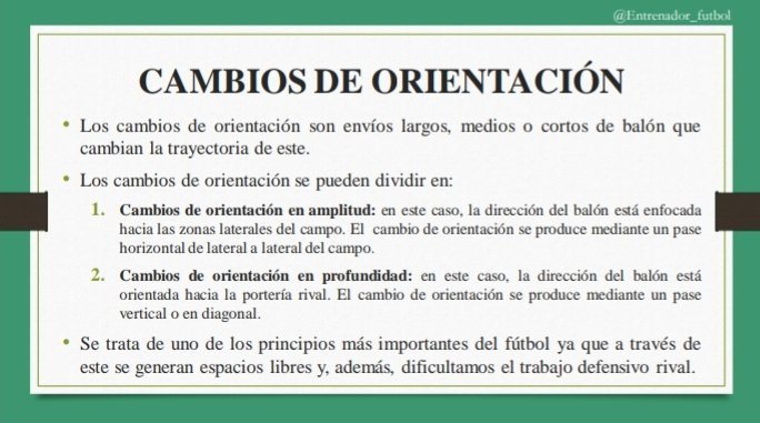 Los cambios de orientación es un principio táctico ofensivo fundamental. Es muy importante entrenarlo y hacerlo entender al jugador.