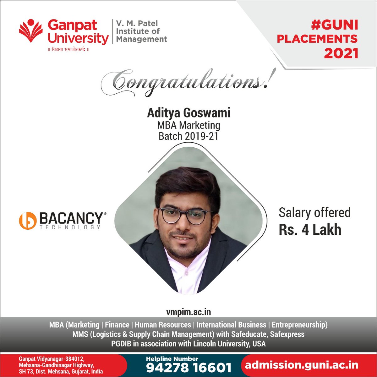 VMPatelInstitu1's tweet photo. We are proud to announce that our student Aditya Goswami got selected in Bacancy Technology. Congratulations to you Aditya! We wish you a successful future.
#Campus #Placements #proudmoment #Bacany #GUNI #VMPIM #Students #GanpatUniversity #asociallyresponsibleuniversity https://t.co/r7tX7mH0hP