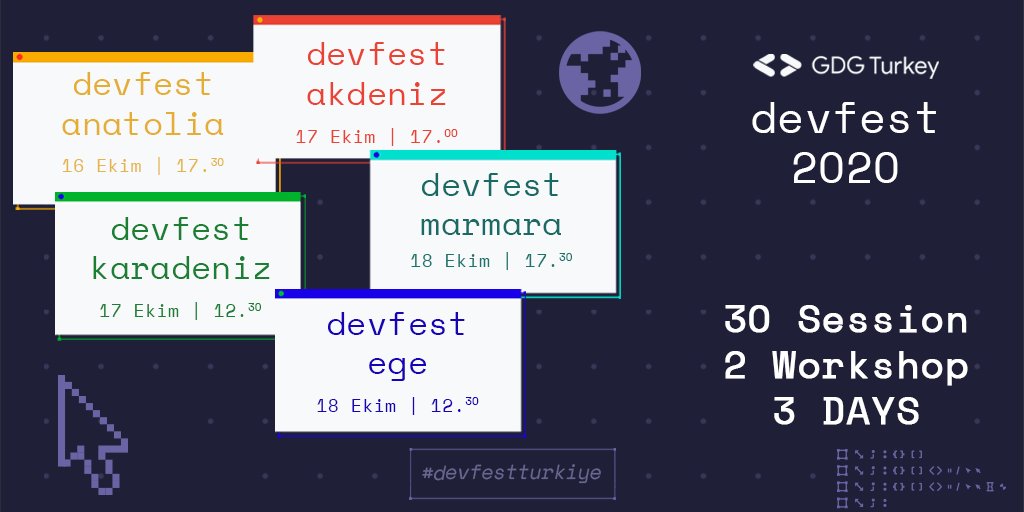 GdgTekirdag's tweet photo. Devfest Türkiye için geri sayım başladı. Bu sene pandemi sebebiyle fiziksel gerçekleşmeyecek olan etkinlik ilk kez tüm Türkiye GDG'lerinin ortak hazırlığıyla 3 günlük bir online etkinlik olarak karşınızda. 🚀🚀 

#devfestturkiye #DevFest https://t.co/NVOAAeNO7x