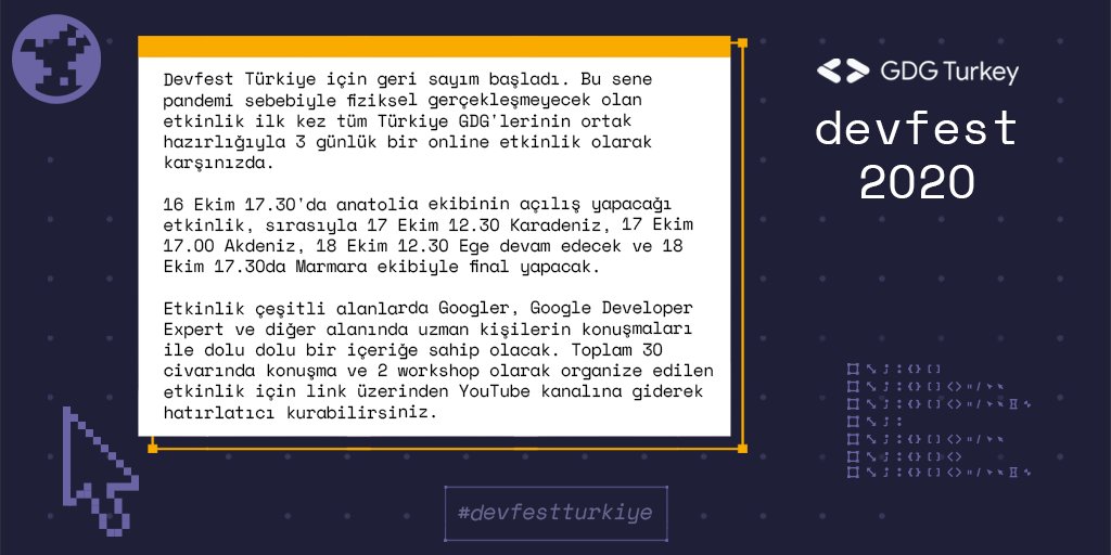 Devfest Türkiye için geri sayım başladı. Bu sene pandemi sebebiyle fiziksel gerçekleşmeyecek olan etkinlik ilk kez tüm Türkiye GDG'lerinin ortak hazırlığıyla 3 günlük bir online etkinlik olarak karşınızda. 🚀🚀 

#devfestturkiye #DevFest