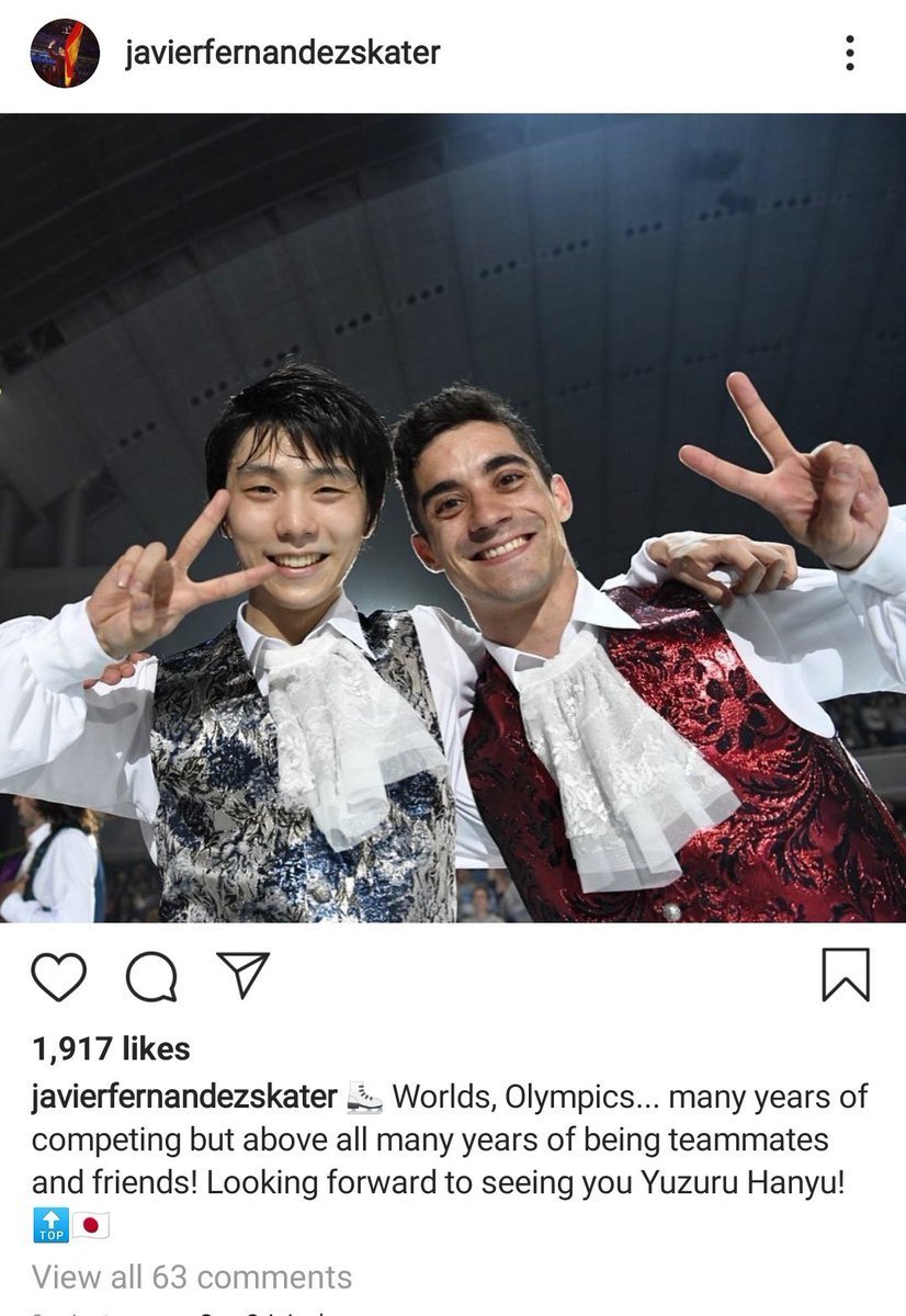 2020/10/16Javi on instagram: "World Championships, Olympic Games ... many years competing but, above all, many years being colleagues and friends! Looking forward to seeing you Yuzuru Hanyu! " https://www.instagram.com/p/CGZ9_-clrGG/ 