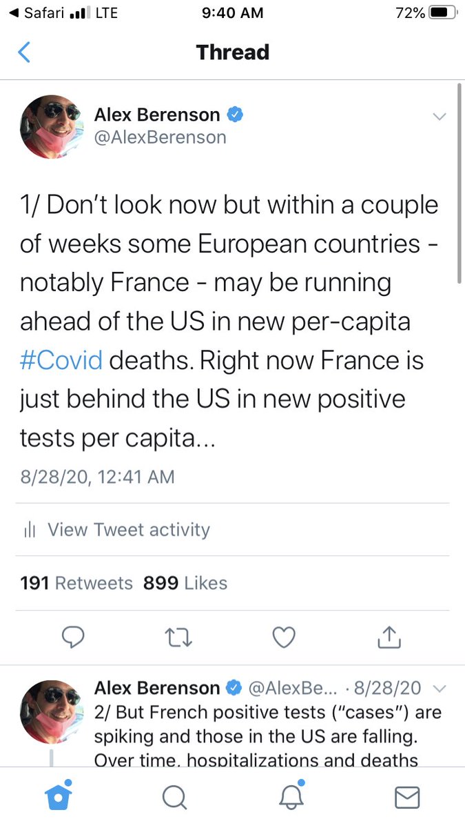 1/ Time to talk about the  #Covid spike in Europe, which has been coming for a while (see below).Yesterday France reported 30,600 positive tests - a huge number, equal to 160,000 in the US. That’s double the number (per-capita) the US reported at the peak of the summer spike...