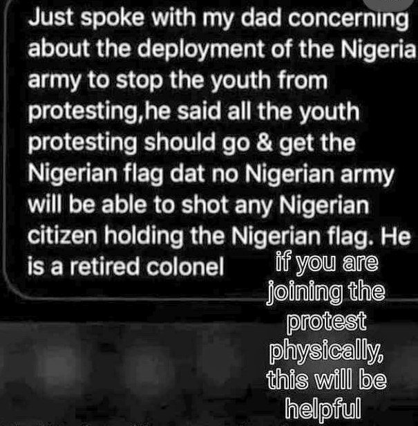 LadyOMary's tweet photo. I gather holding the Nigerian Flag could prevent you from being shot by both the Military and the Police, as that would be treason.

So, protesters, please hold a flag - big or small - as we work together to #EndPoliceBrutalityInNigeria.

Will try to confirm this though.
#EndSARS https://t.co/vPd4i7E2Er