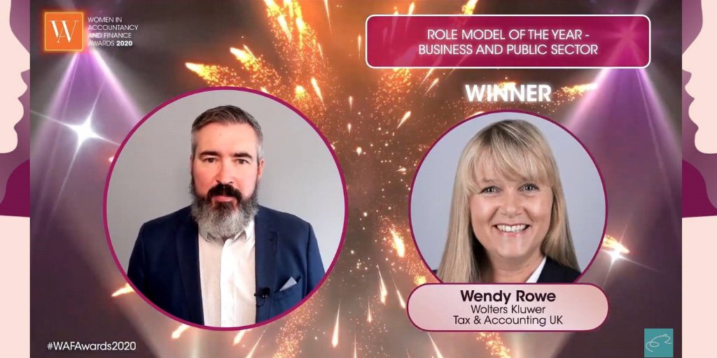 Huge congratulations to <a href="/WendyRowe1/">Wendy Rowe</a>, Wolters Kluwer Tax &amp; Accounting UK, winning Role Model of the Year – Business and Public Sector &amp; Highly Commended in the Leader of the Year – Business and Public Sector at the Women in Accounting &amp; Finance Awards 2020 #winners #WAFAwards2020