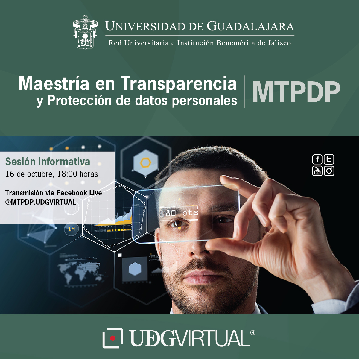 ⚠️ Hoy se realizará la sesión informativa sobre la Maestría en Transparencia y Protección de Datos Personales  #UDGVirtual 
⏰ 18:00 horas
➡️ Facebook Live