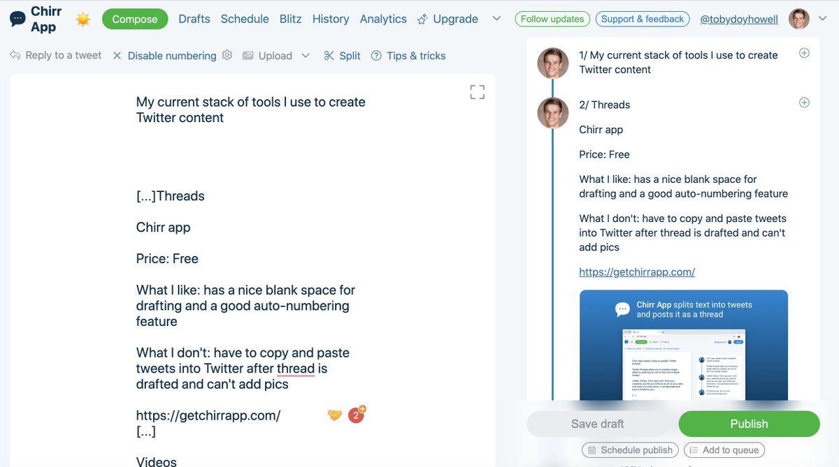 2/ Thread writing Chirr appPrice: FreeWhat I like: has a nice blank space for drafting and a good auto-numbering featureWhat I don't: have to copy and paste tweets into Twitter after thread is drafted and can't add pics https://getchirrapp.com/ 