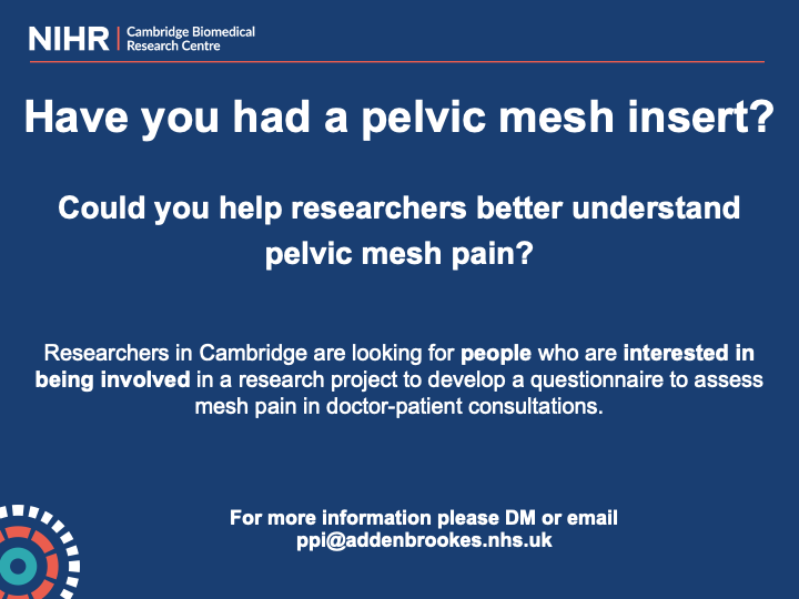 #involvement #PPI opportunity.  For more information, please DM or email ppi@addenbrookes.nhs.uk.  Please retweet and share with those who may be interested! #slingthemesh