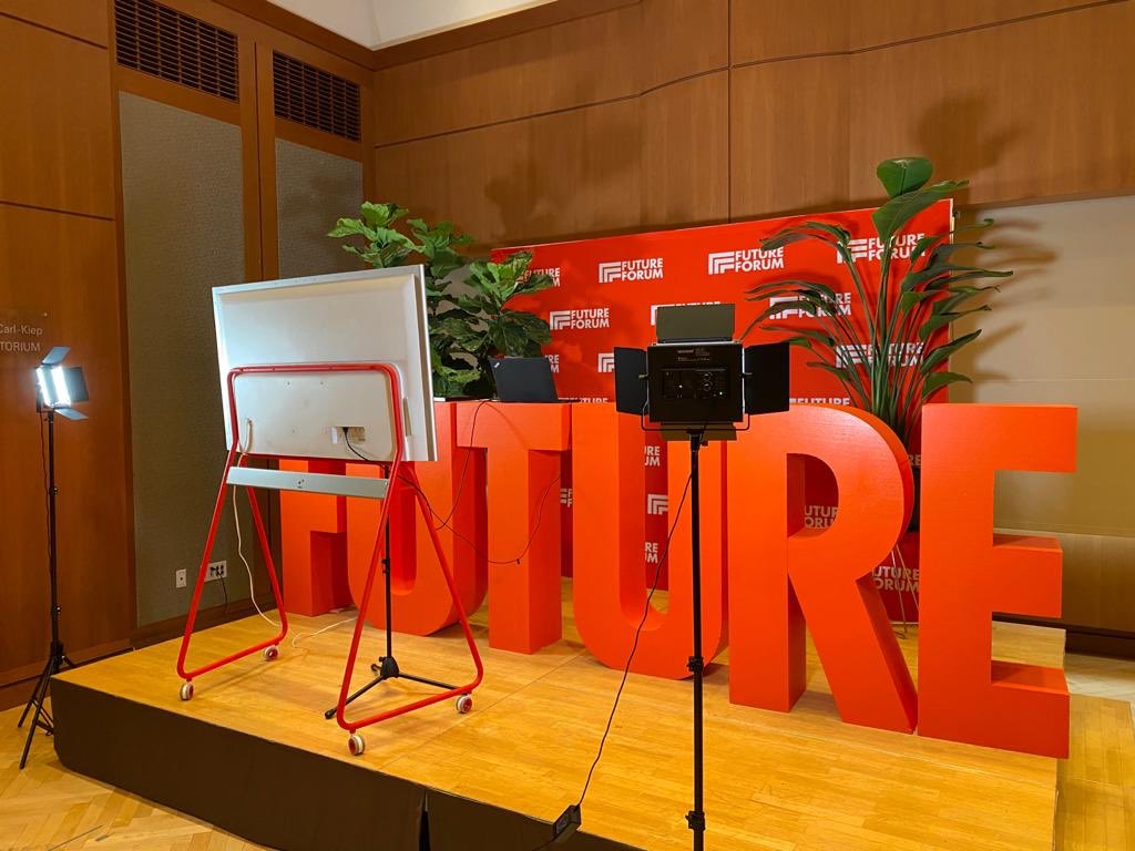 dwih_ny's tweet photo. Our hosts Dietrich and Khue are set up and ready to open the FUTURE FORUM Day 3 in just one hour. See you there! #BuildingBiopolis https://t.co/FZ1qnYA6IM. https://t.co/mw3poCpgO3